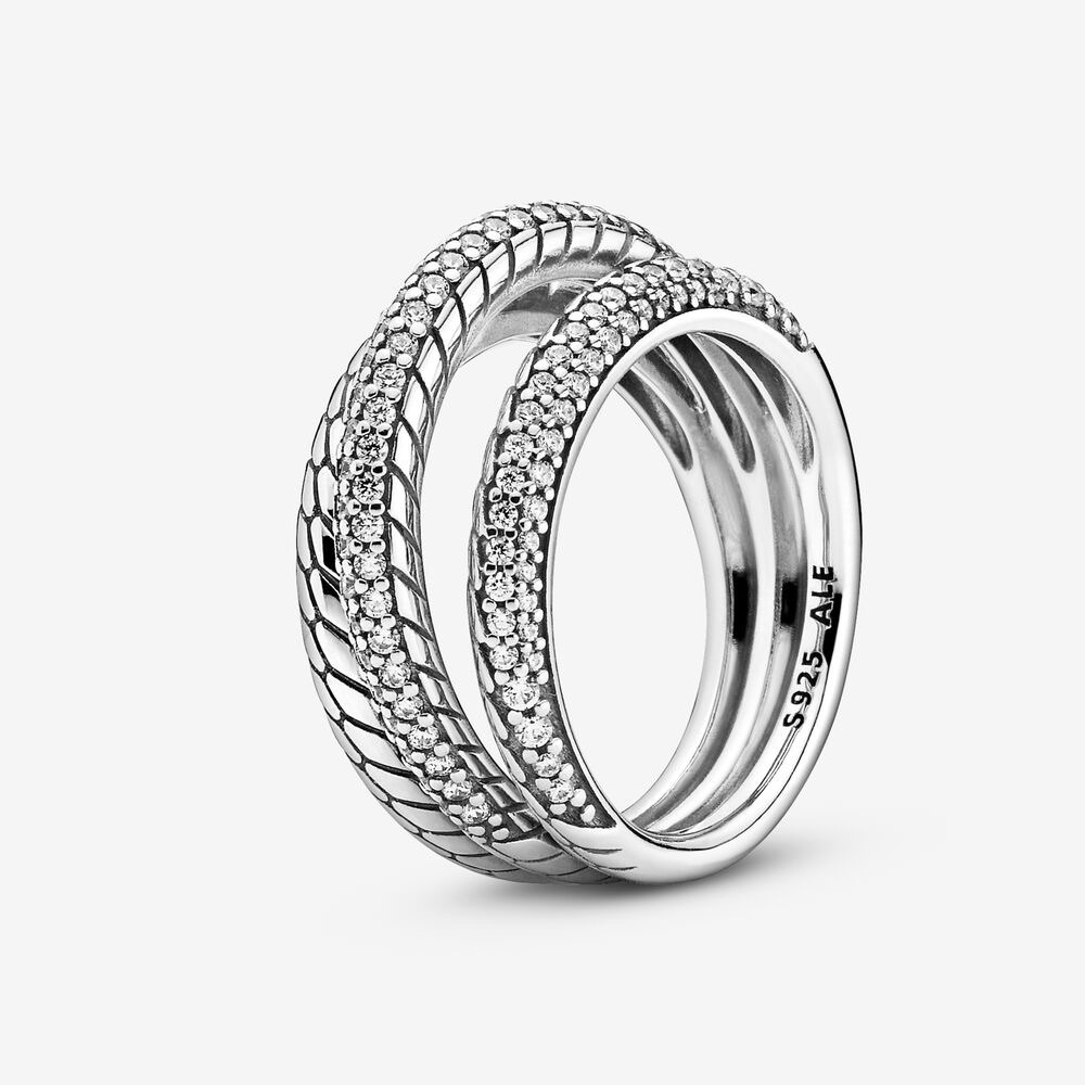 💎 Pandora Triple Band Pavé Snake Chain Pattern Ring